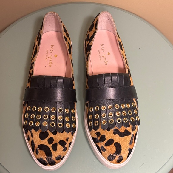 kate spade Shoes - kate spade Leopard Print Slip-On Loafers with Black Fringe and Gold Eyelets
